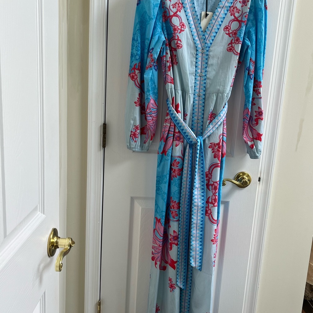 CELINA MOON Blue and Pink Floral V-Neck Dress